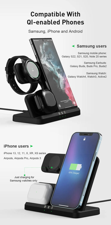 3 in 1 Wireless Charger Stand for Samsung Galaxy S24 S23 Ultra Note Qi