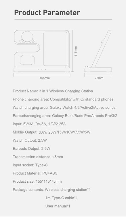 3 in 1 Wireless Charger Stand for Samsung Galaxy S24 S23 Ultra Note Qi
